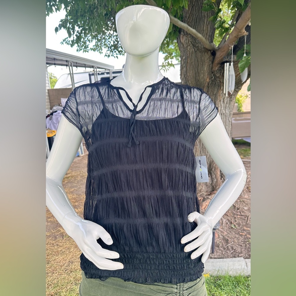 DKNY Black Sheer Blouse with Tie Detail